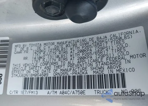 2008 Toyota Tacoma Prerunner V6 z USA, uszkodzony, nr VIN 3TMJU62N18M064609